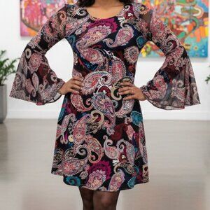 MSK Bohemian Paisley Print Dress | Bell Sleeves | A-Line Mini | 70s Retro Style